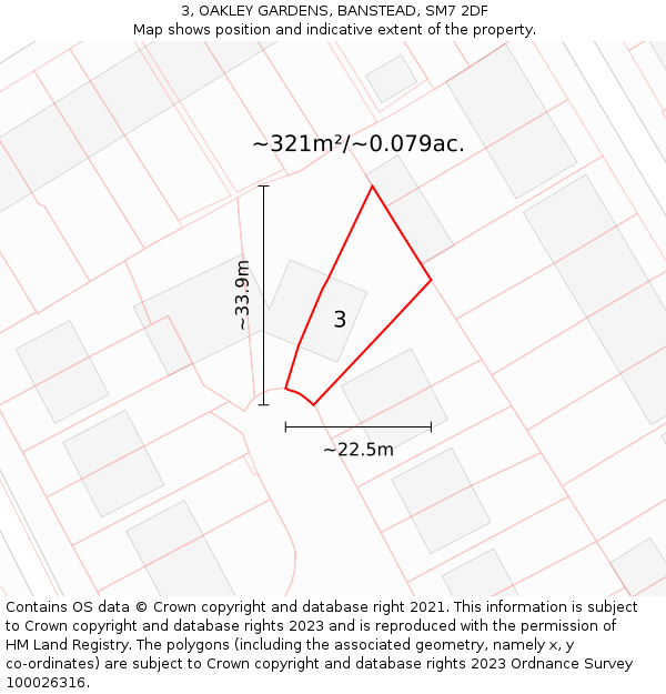 3, OAKLEY GARDENS, BANSTEAD, SM7 2DF: Plot and title map