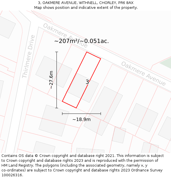 3, OAKMERE AVENUE, WITHNELL, CHORLEY, PR6 8AX: Plot and title map