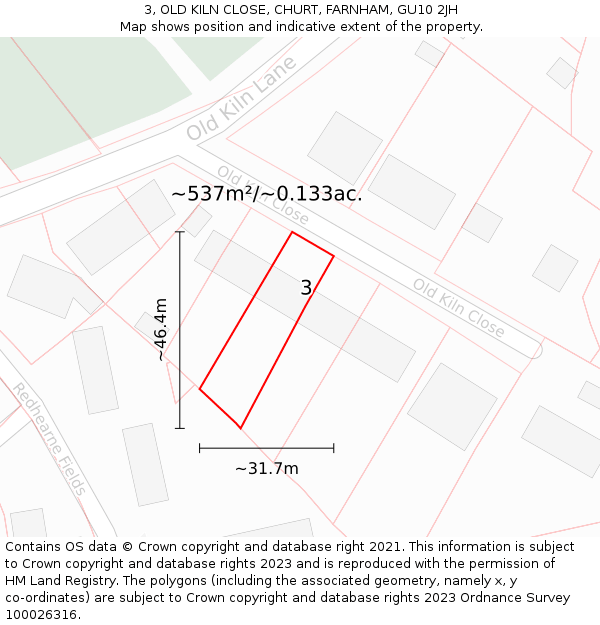 3, OLD KILN CLOSE, CHURT, FARNHAM, GU10 2JH: Plot and title map