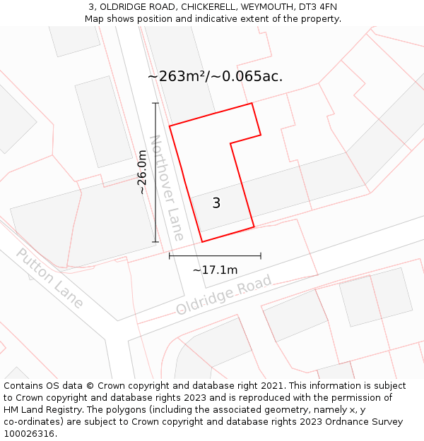 3, OLDRIDGE ROAD, CHICKERELL, WEYMOUTH, DT3 4FN: Plot and title map