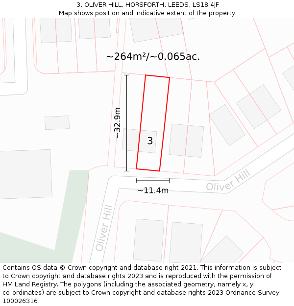 3, OLIVER HILL, HORSFORTH, LEEDS, LS18 4JF: Plot and title map