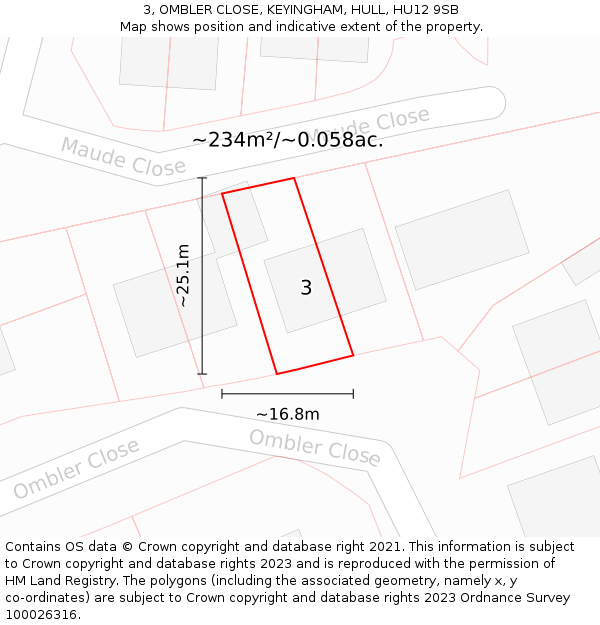 3, OMBLER CLOSE, KEYINGHAM, HULL, HU12 9SB: Plot and title map