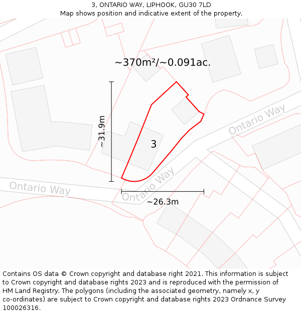 3, ONTARIO WAY, LIPHOOK, GU30 7LD: Plot and title map