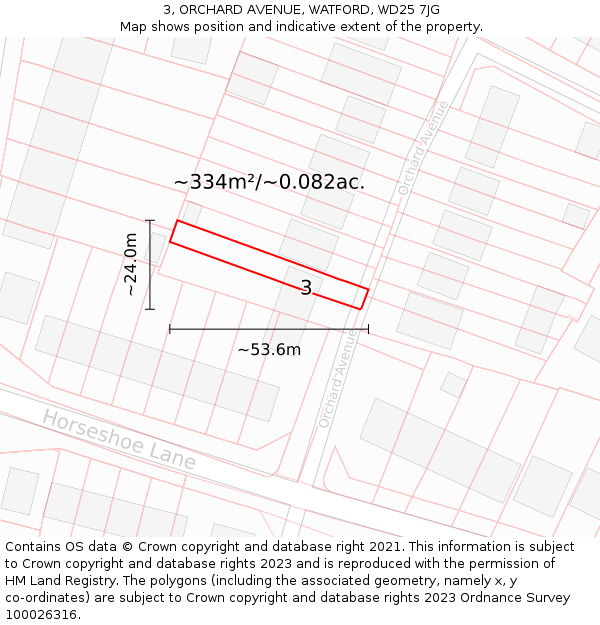 3, ORCHARD AVENUE, WATFORD, WD25 7JG: Plot and title map