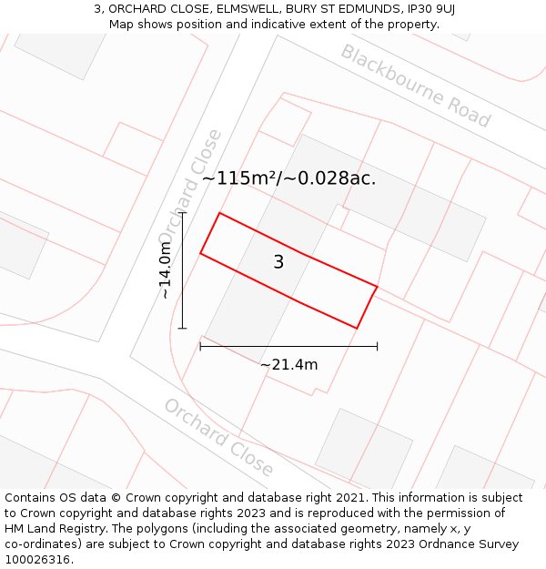 3, ORCHARD CLOSE, ELMSWELL, BURY ST EDMUNDS, IP30 9UJ: Plot and title map