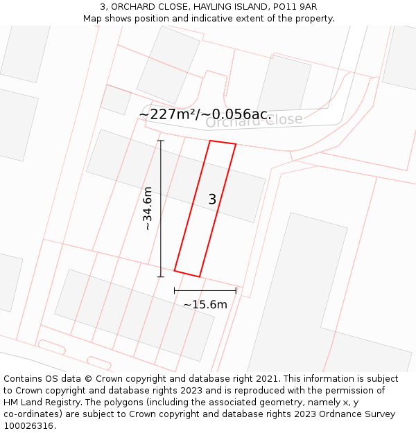 3, ORCHARD CLOSE, HAYLING ISLAND, PO11 9AR: Plot and title map