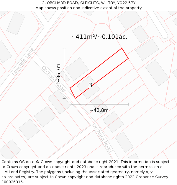 3, ORCHARD ROAD, SLEIGHTS, WHITBY, YO22 5BY: Plot and title map