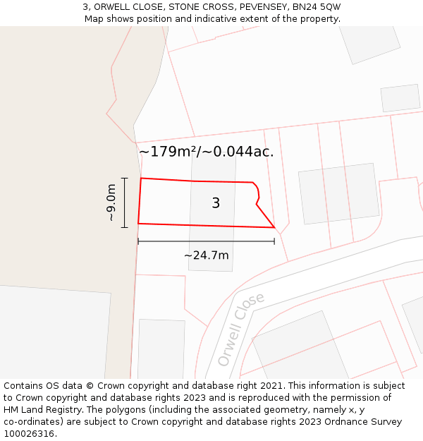 3, ORWELL CLOSE, STONE CROSS, PEVENSEY, BN24 5QW: Plot and title map