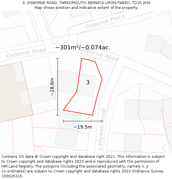 3, OSBORNE ROAD, TWEEDMOUTH, BERWICK-UPON-TWEED, TD15 2HS: Plot and title map