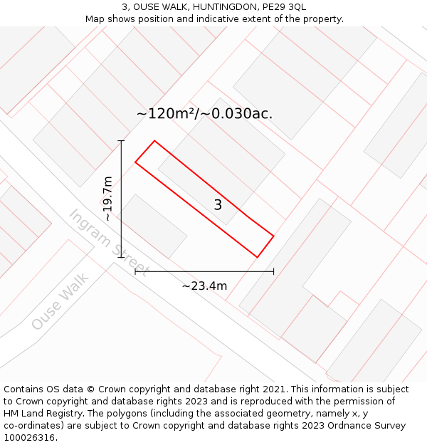 3, OUSE WALK, HUNTINGDON, PE29 3QL: Plot and title map