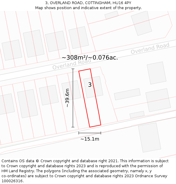 3, OVERLAND ROAD, COTTINGHAM, HU16 4PY: Plot and title map