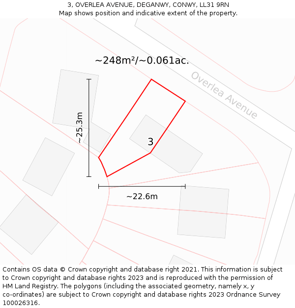 3, OVERLEA AVENUE, DEGANWY, CONWY, LL31 9RN: Plot and title map