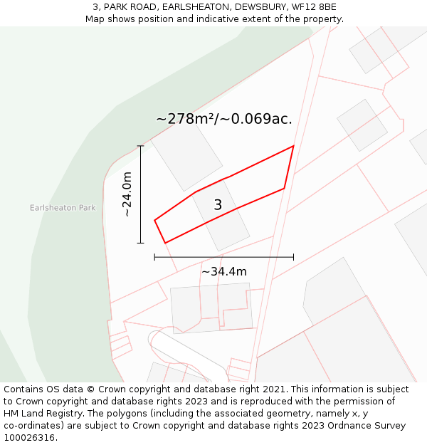 3, PARK ROAD, EARLSHEATON, DEWSBURY, WF12 8BE: Plot and title map