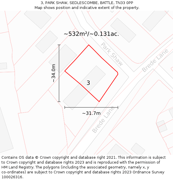 3, PARK SHAW, SEDLESCOMBE, BATTLE, TN33 0PP: Plot and title map