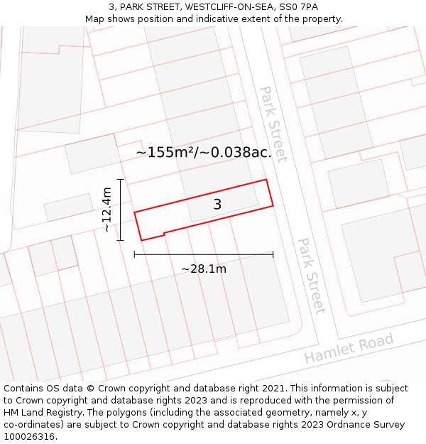 3, PARK STREET, WESTCLIFF-ON-SEA, SS0 7PA: Plot and title map