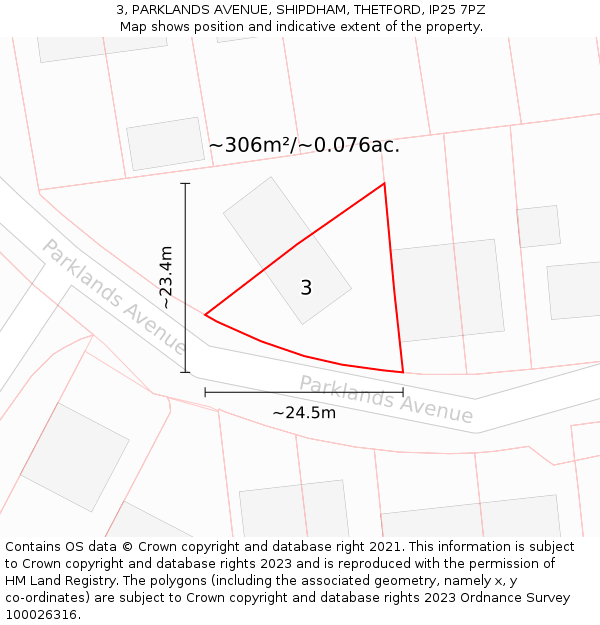 3, PARKLANDS AVENUE, SHIPDHAM, THETFORD, IP25 7PZ: Plot and title map