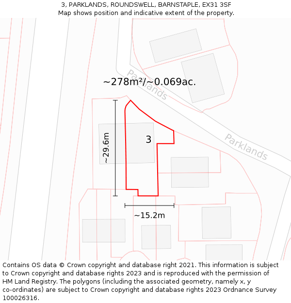 3, PARKLANDS, ROUNDSWELL, BARNSTAPLE, EX31 3SF: Plot and title map