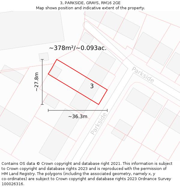 3, PARKSIDE, GRAYS, RM16 2GE: Plot and title map