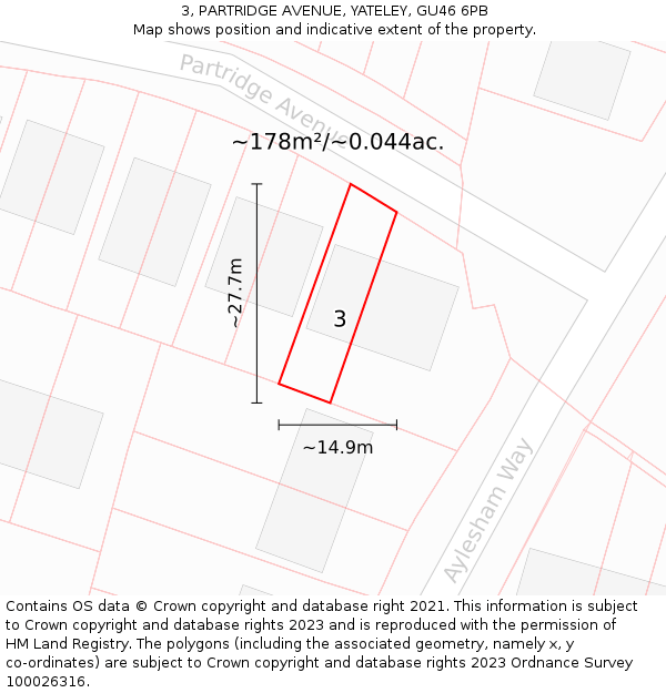 3, PARTRIDGE AVENUE, YATELEY, GU46 6PB: Plot and title map