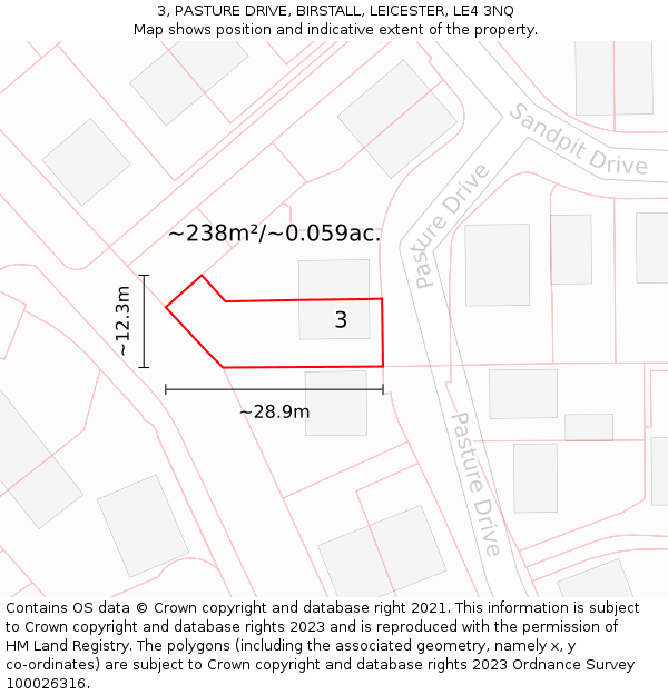 3, PASTURE DRIVE, BIRSTALL, LEICESTER, LE4 3NQ: Plot and title map