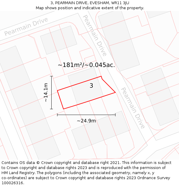 3, PEARMAIN DRIVE, EVESHAM, WR11 3JU: Plot and title map