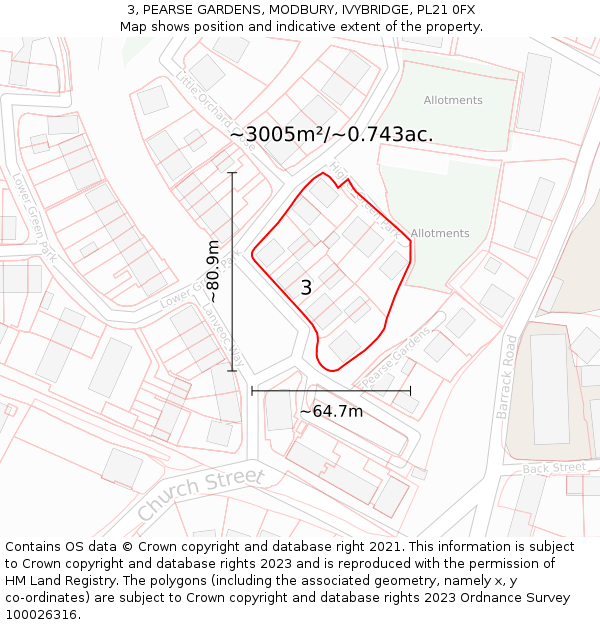 3, PEARSE GARDENS, MODBURY, IVYBRIDGE, PL21 0FX: Plot and title map