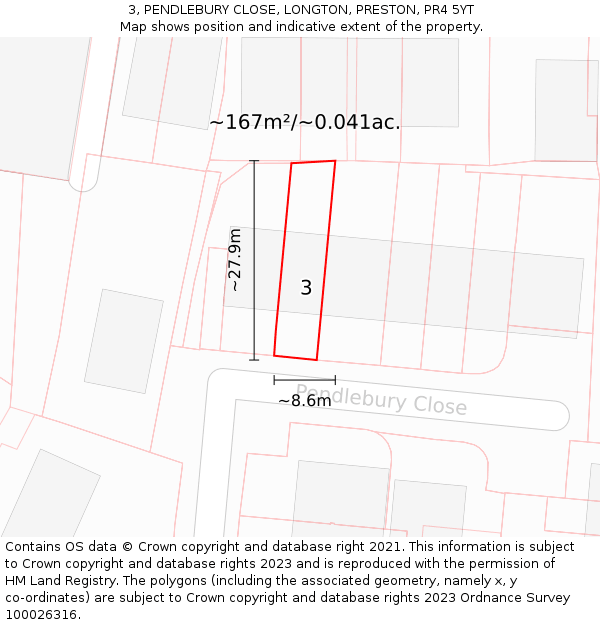 3, PENDLEBURY CLOSE, LONGTON, PRESTON, PR4 5YT: Plot and title map