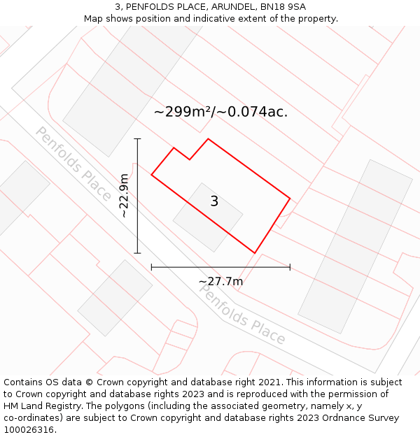 3, PENFOLDS PLACE, ARUNDEL, BN18 9SA: Plot and title map