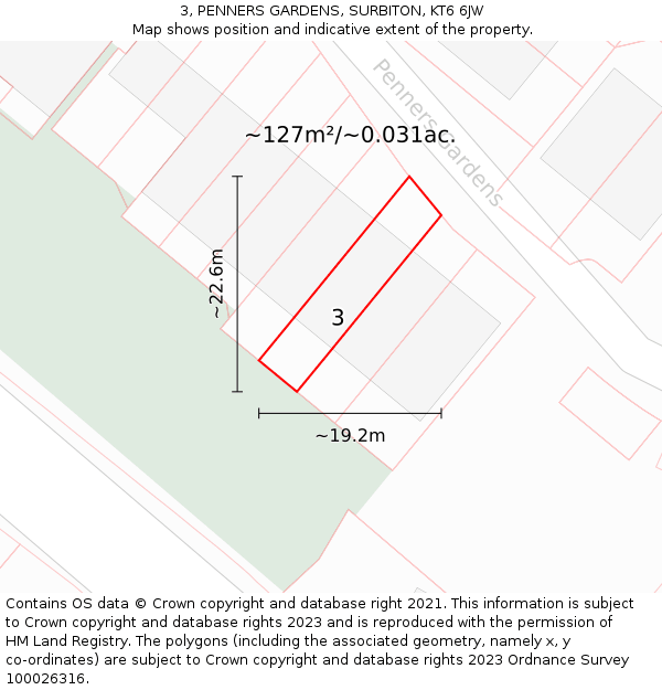 3, PENNERS GARDENS, SURBITON, KT6 6JW: Plot and title map