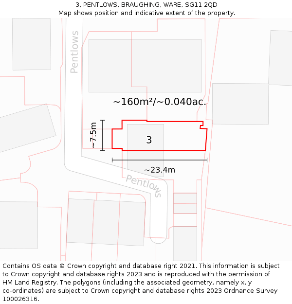 3, PENTLOWS, BRAUGHING, WARE, SG11 2QD: Plot and title map