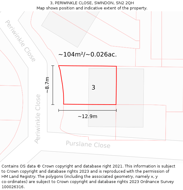 3, PERIWINKLE CLOSE, SWINDON, SN2 2QH: Plot and title map