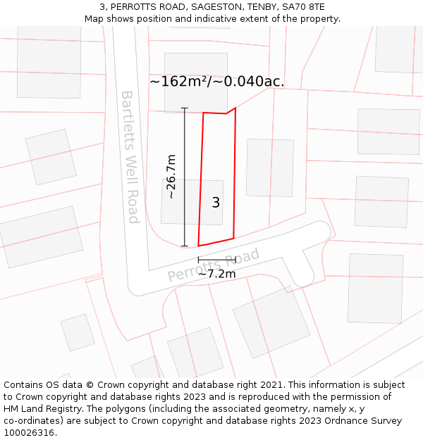 3, PERROTTS ROAD, SAGESTON, TENBY, SA70 8TE: Plot and title map