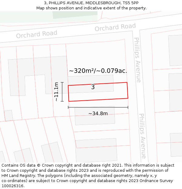 3, PHILLIPS AVENUE, MIDDLESBROUGH, TS5 5PP: Plot and title map