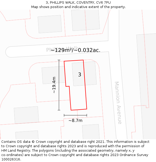 3, PHILLIPS WALK, COVENTRY, CV6 7PU: Plot and title map