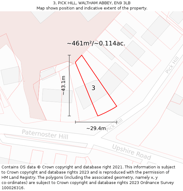 3, PICK HILL, WALTHAM ABBEY, EN9 3LB: Plot and title map