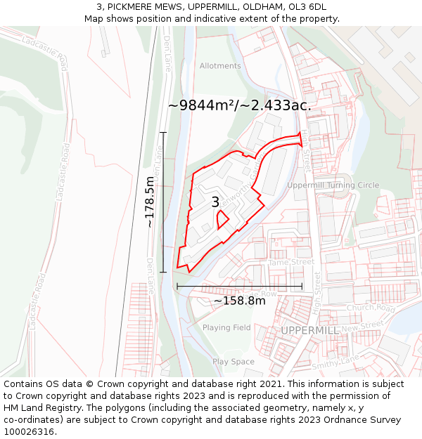 3, PICKMERE MEWS, UPPERMILL, OLDHAM, OL3 6DL: Plot and title map