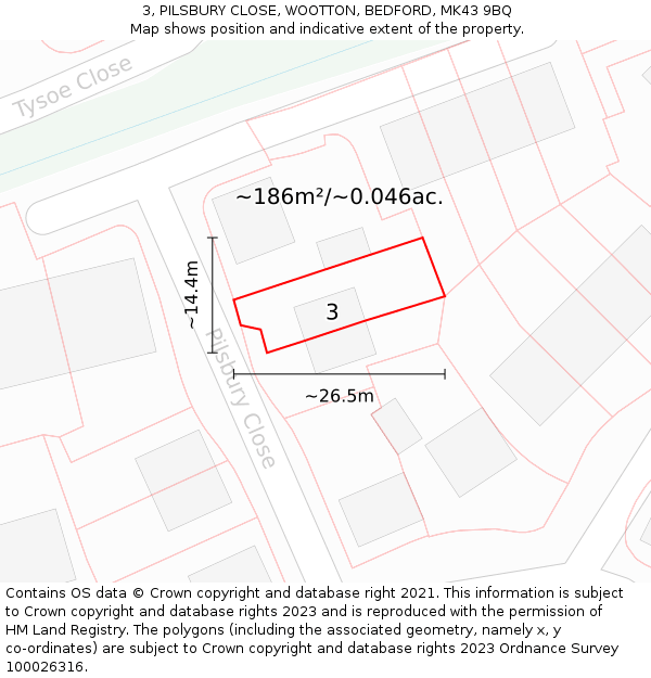 3, PILSBURY CLOSE, WOOTTON, BEDFORD, MK43 9BQ: Plot and title map