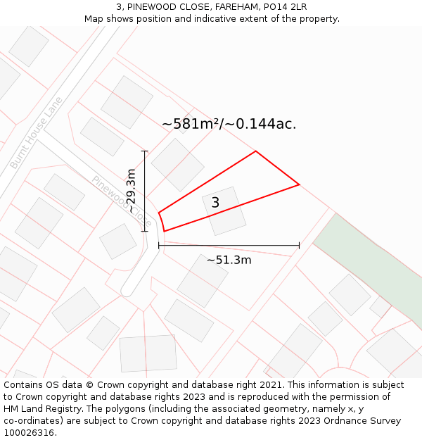 3, PINEWOOD CLOSE, FAREHAM, PO14 2LR: Plot and title map