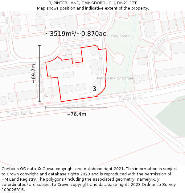 3, PINTER LANE, GAINSBOROUGH, DN21 1ZF: Plot and title map