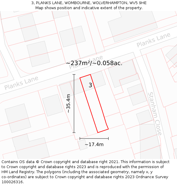 3, PLANKS LANE, WOMBOURNE, WOLVERHAMPTON, WV5 9HE: Plot and title map