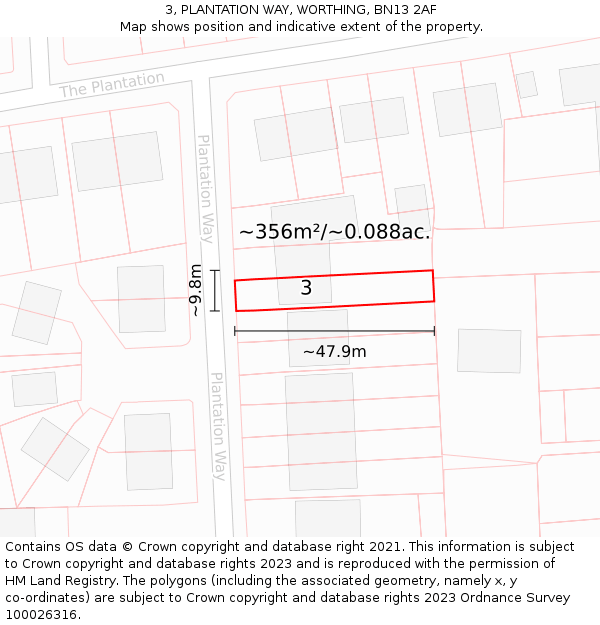 3, PLANTATION WAY, WORTHING, BN13 2AF: Plot and title map