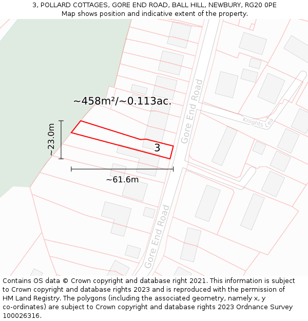 3, POLLARD COTTAGES, GORE END ROAD, BALL HILL, NEWBURY, RG20 0PE: Plot and title map