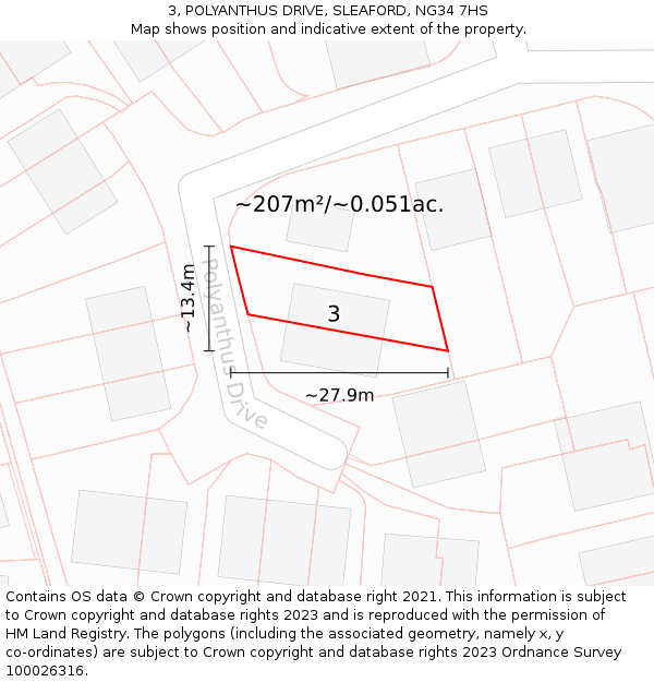 3, POLYANTHUS DRIVE, SLEAFORD, NG34 7HS: Plot and title map