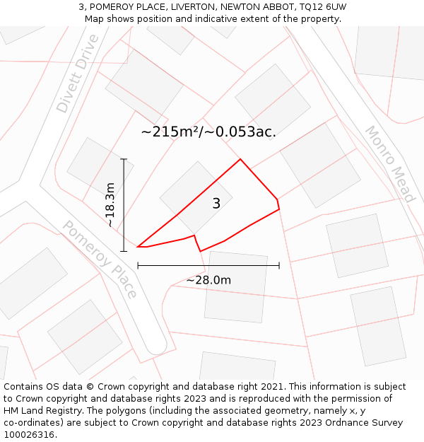 3, POMEROY PLACE, LIVERTON, NEWTON ABBOT, TQ12 6UW: Plot and title map