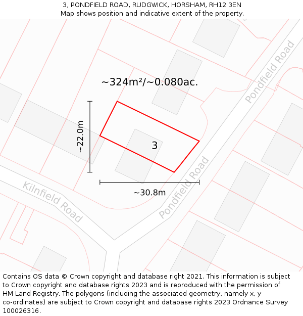 3, PONDFIELD ROAD, RUDGWICK, HORSHAM, RH12 3EN: Plot and title map