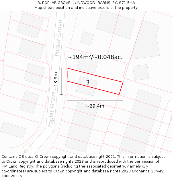 3, POPLAR GROVE, LUNDWOOD, BARNSLEY, S71 5HA: Plot and title map