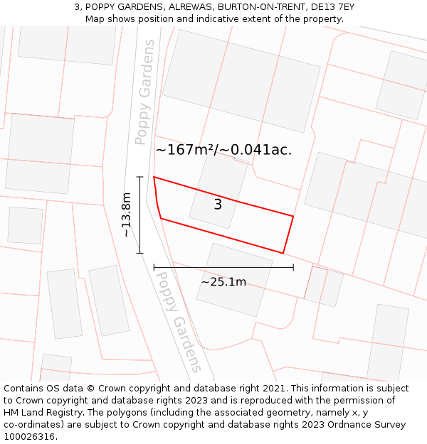 3, POPPY GARDENS, ALREWAS, BURTON-ON-TRENT, DE13 7EY: Plot and title map