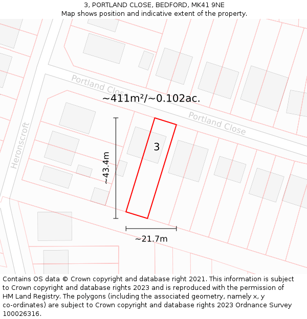 3, PORTLAND CLOSE, BEDFORD, MK41 9NE: Plot and title map