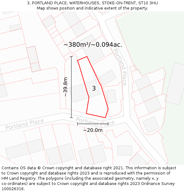 3, PORTLAND PLACE, WATERHOUSES, STOKE-ON-TRENT, ST10 3HU: Plot and title map