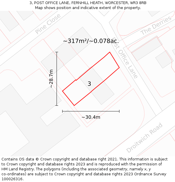 3, POST OFFICE LANE, FERNHILL HEATH, WORCESTER, WR3 8RB: Plot and title map